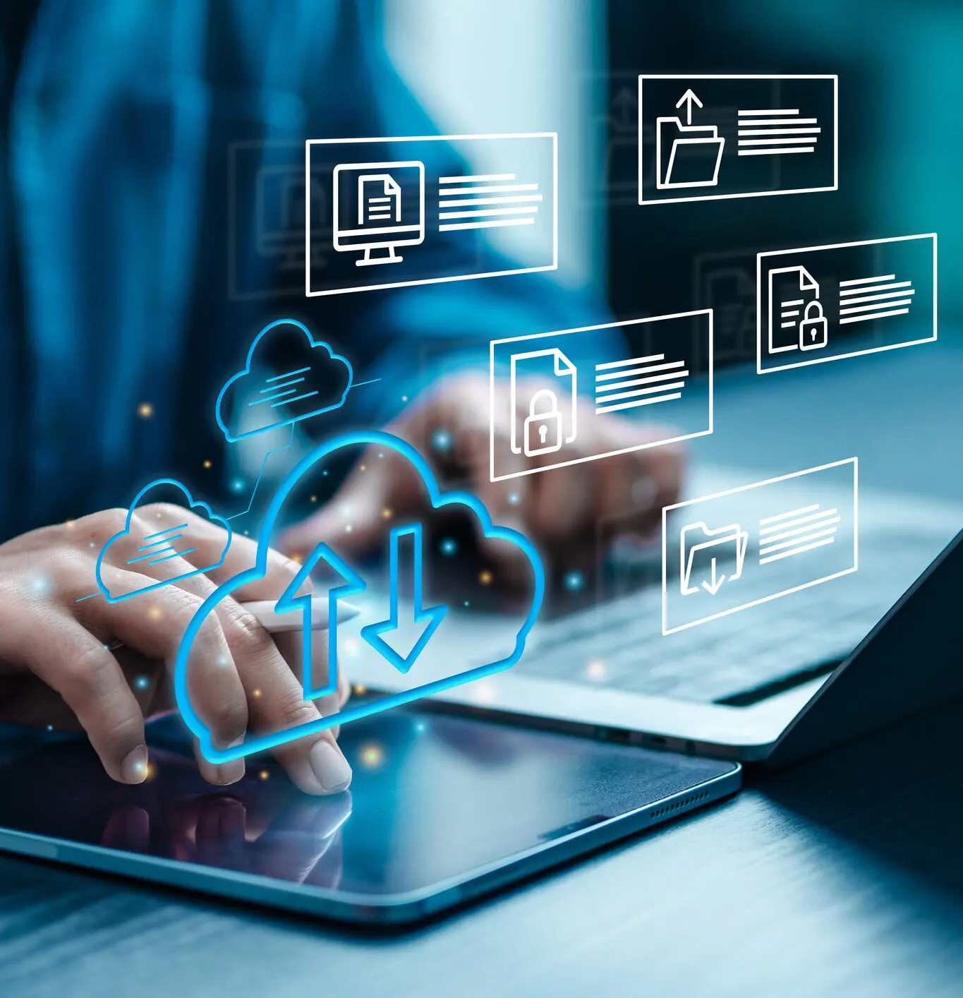 Person using tablet with digital business icons and charts overlay.