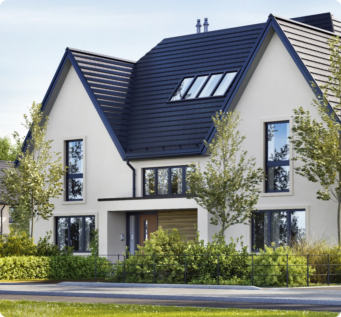 Modern house with triangular roof and trees.